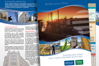 Folleto díptico institucional Bunge, diseño editorial, revistas, folletos, catálogos, flyers